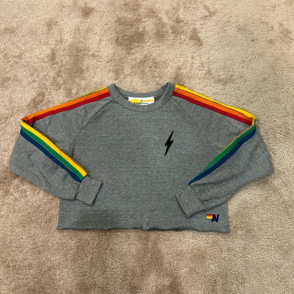 Aviator Nation Heather Grey Rainbow 5 Stripe Cropped Crewneck - Picture 2 of 7